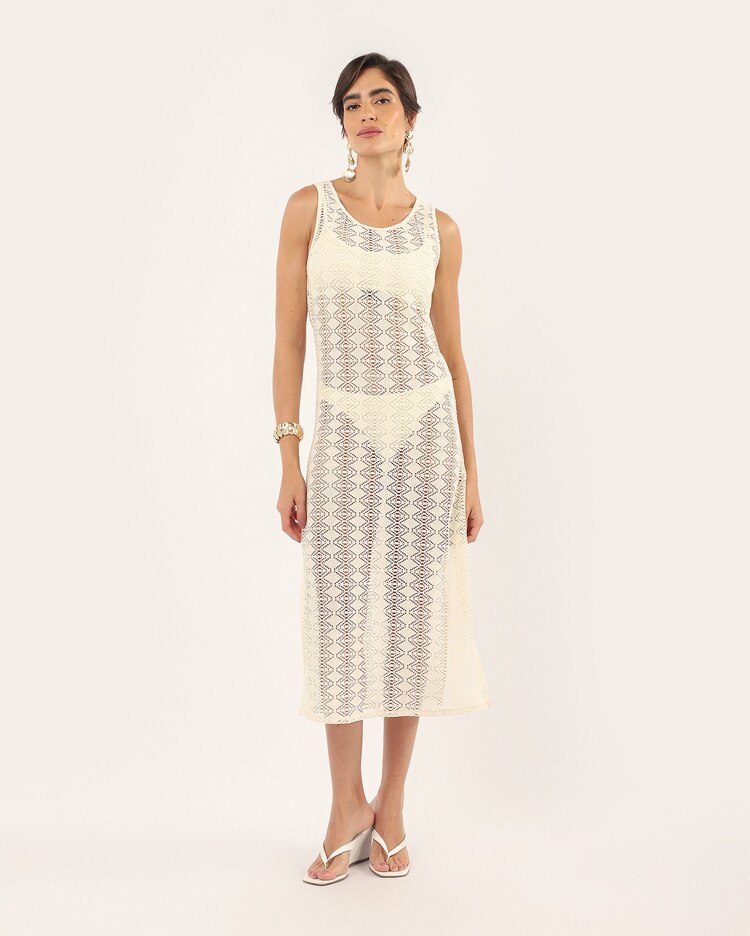 Saída de praia vestido midi texturizado - off-white