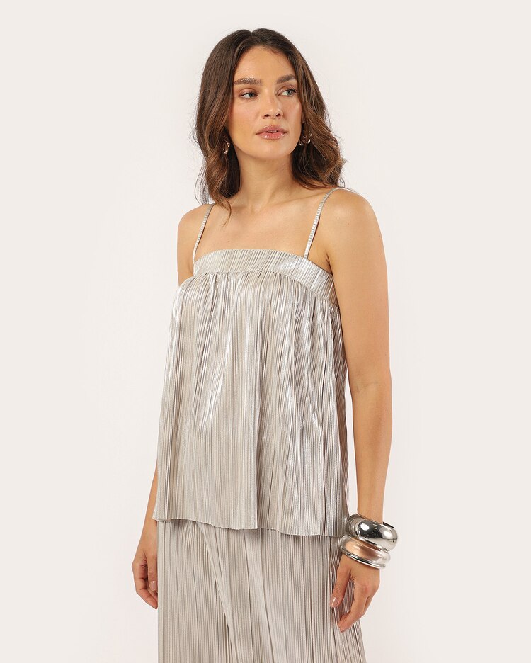 Regata feminina ampla metalizada plissada - prata