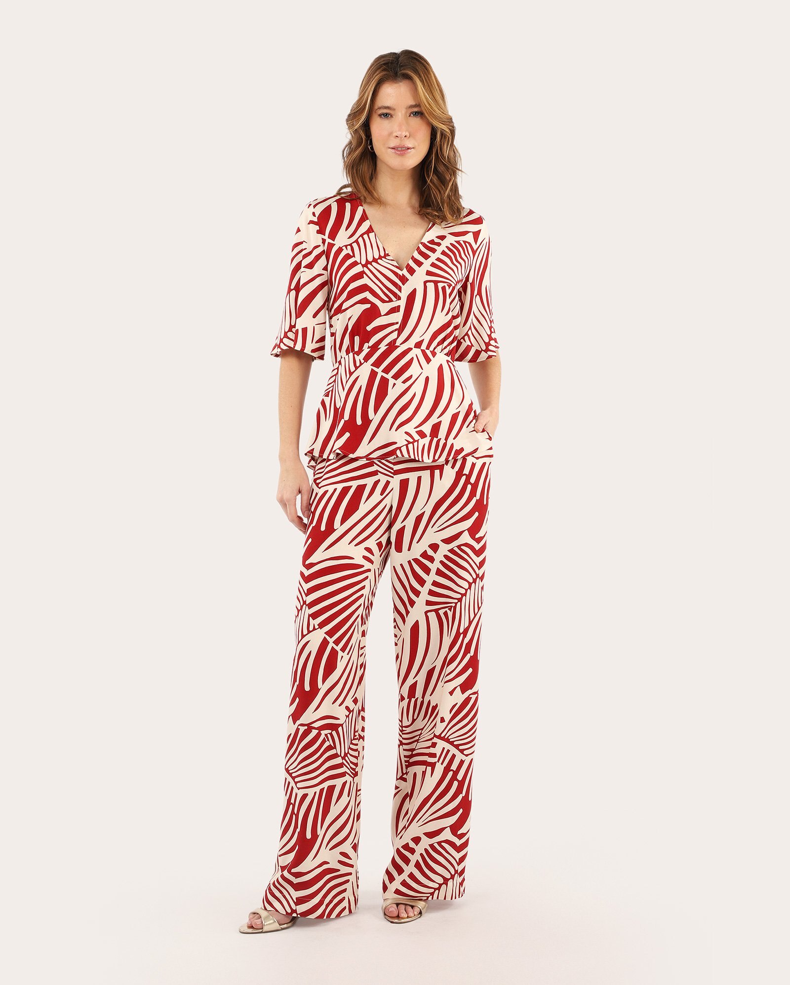 Calça pantalona cós elástico com cordão folhagem - multicor