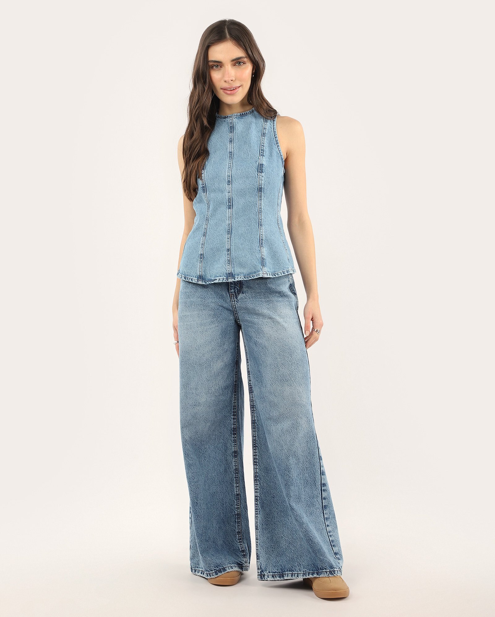 Calça jeans feminina palazzo denim médio | Pool Loop