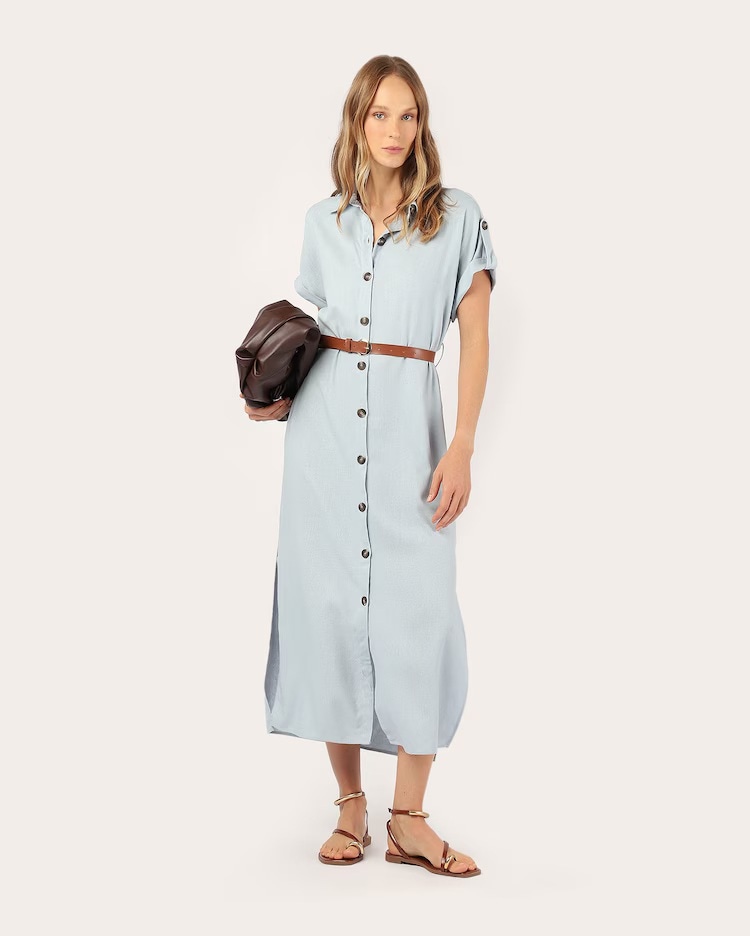 Chemise midi em viscolinho com cinto - azul