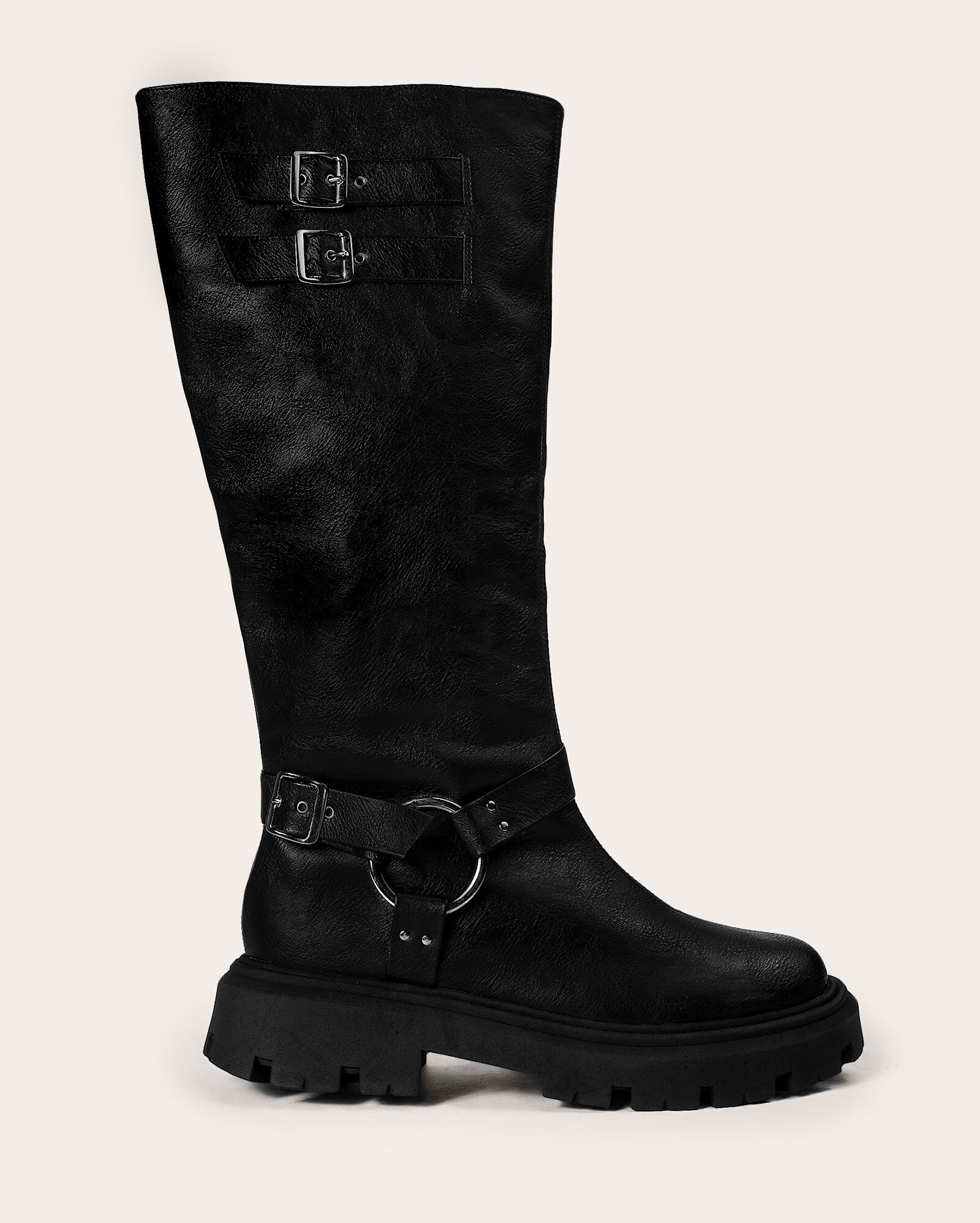 Bota feminina biker cano alto com fivela preta