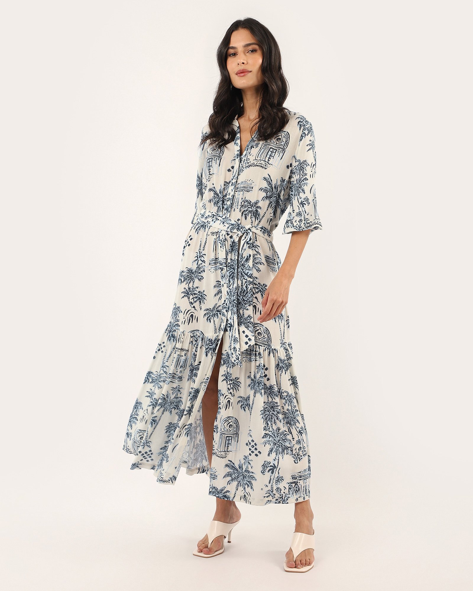 Chemise midi estampado com faixa - multicor