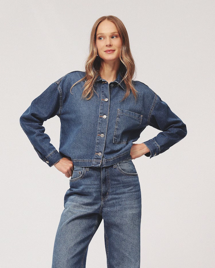 Jaqueta jeans feminina ampla - denim escuro