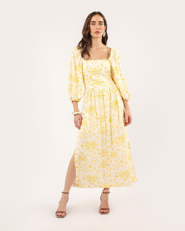 Vestido longo decote quadrado com mangas bufantes – amarelo