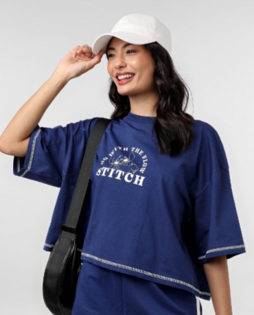 Camiseta feminina oversized Stitch azul | Disney