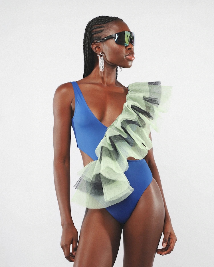 Body feminino com recortes e babados de tule - Azul