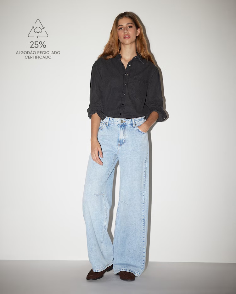 Calça jeans feminina wide low - denim claro | Pool Loop
