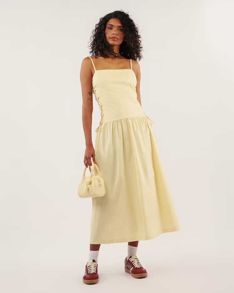 Vestido midi godê com laço amarelo - Amarelo | Pool
