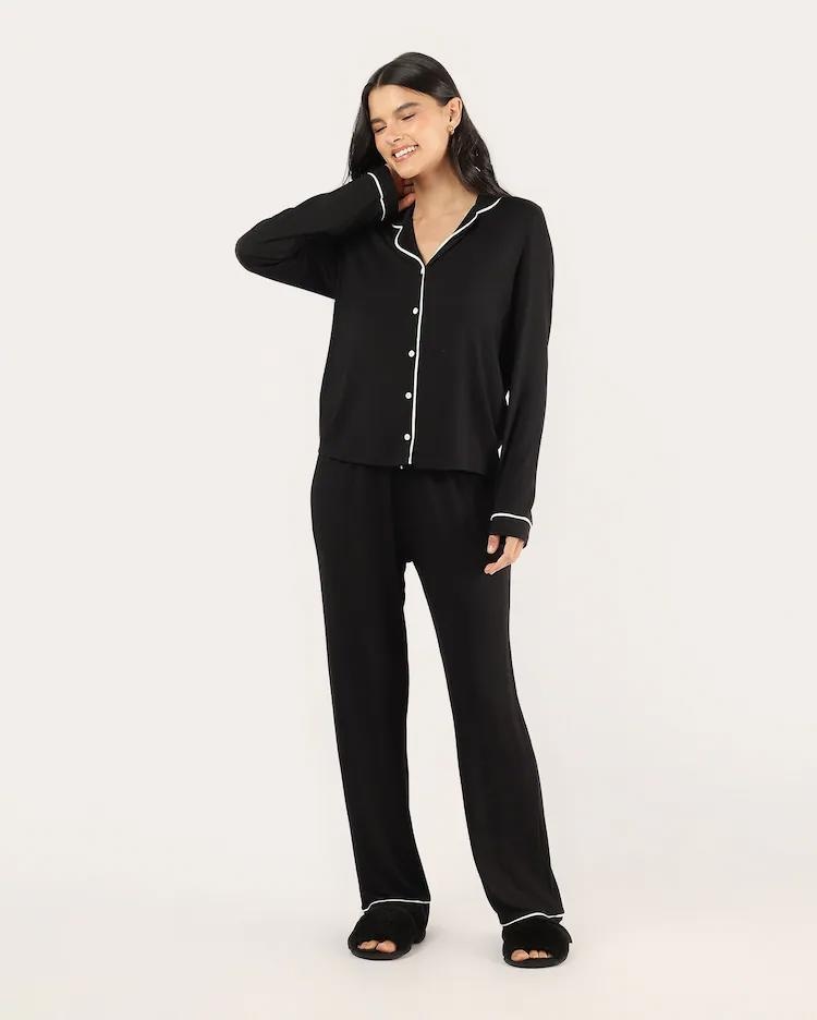 Pijama longo feminino americano em viscose - preto