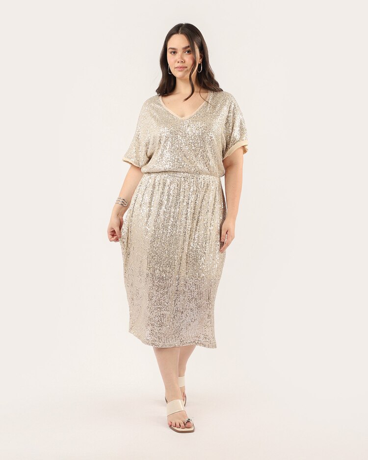 Vestido plus size midi paetê metalizado - bege