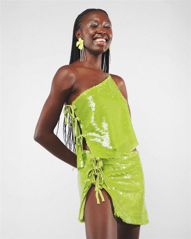 Regata feminina de um ombro só paetê com laços - verde