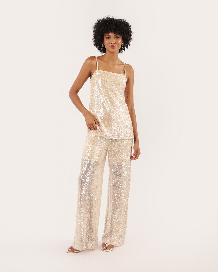 Calça feminina wide leg com paetê - bege