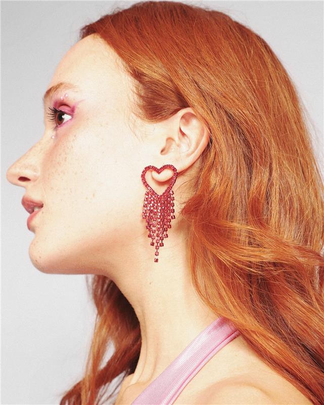 Brinco feminino de coração com cascata em strass - vermelho