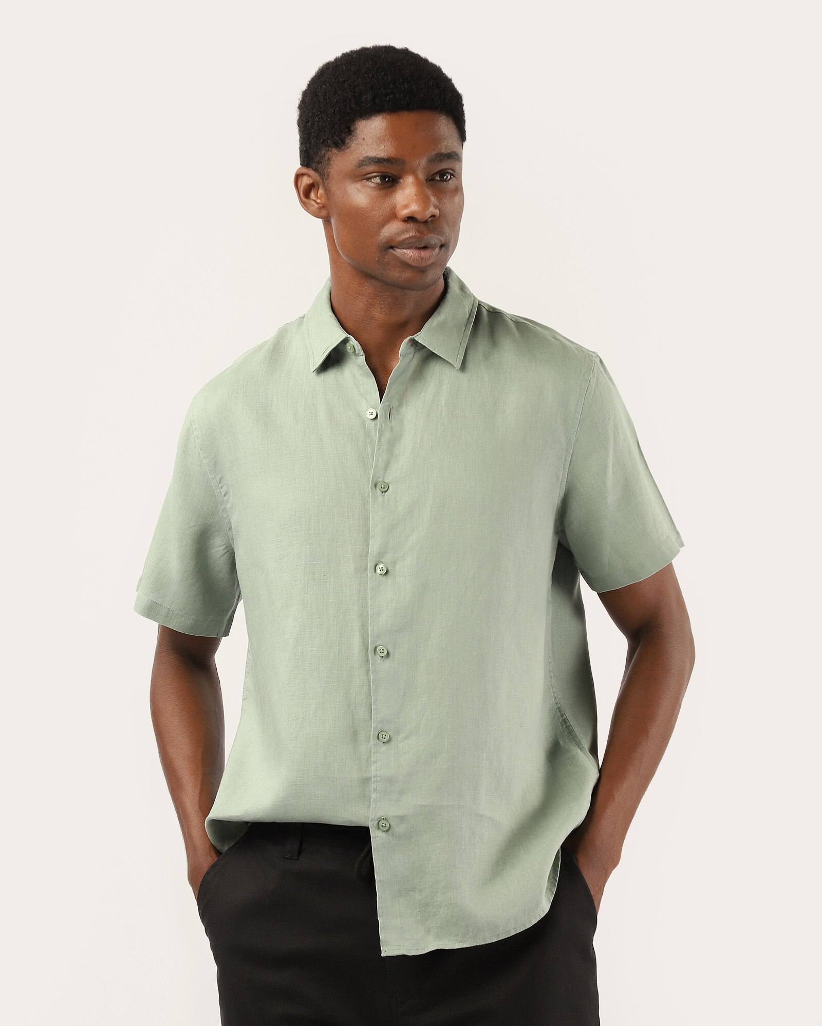 Camisa masculina regular 100% linho - Verde Claro Mescla