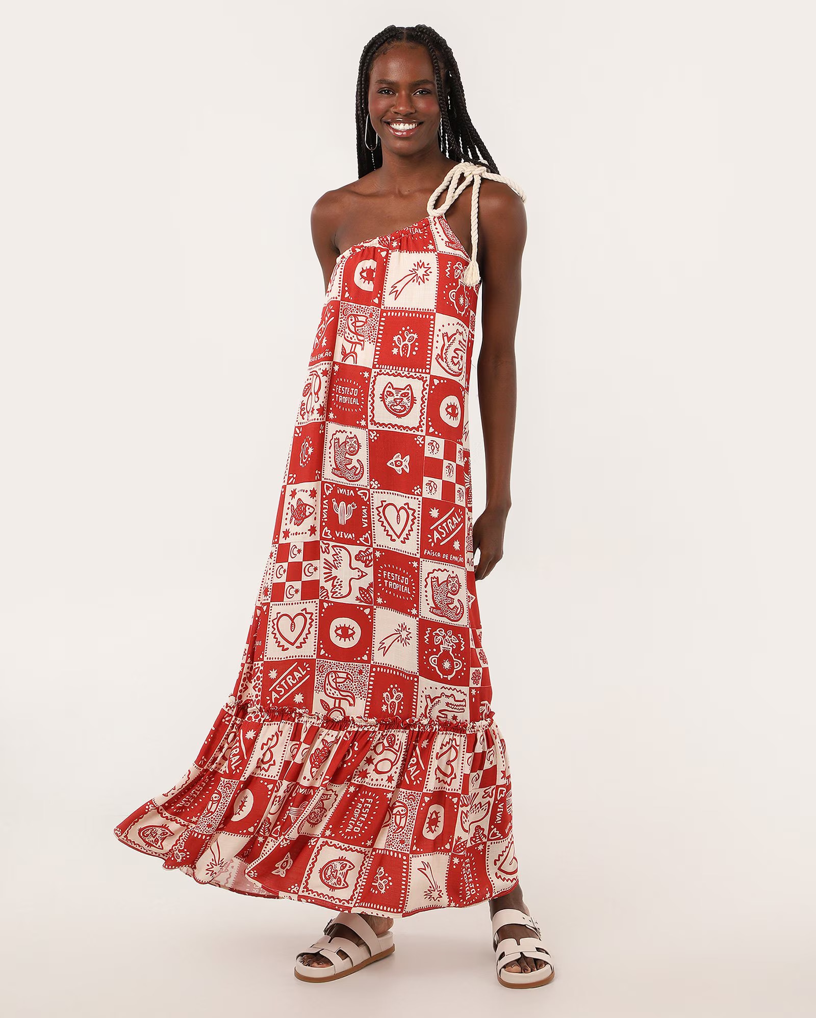 Vestido midi reto em viscose ombro único astral vermelho | Ceramiquinho + Riachuelo