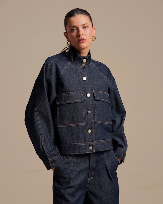 Jaqueta jeans feminina gola alta | Silvia Braz + Riachuelo