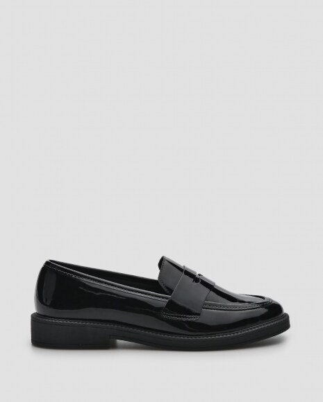 mocassim feminino bico redondo verniz preto 