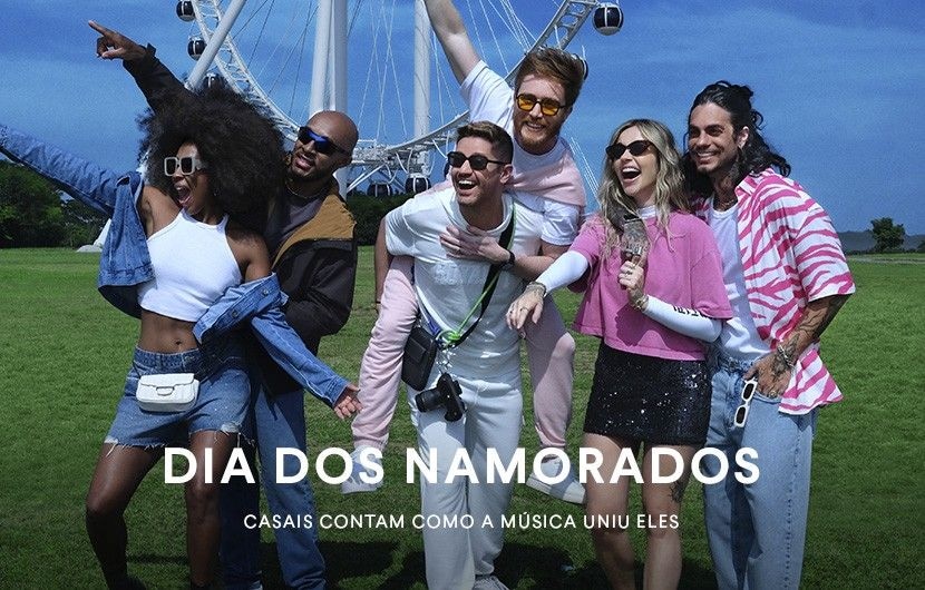 banner com tres casais abraçados curtindo o festival de musica e com um escrito de dia dos namorados em branco 