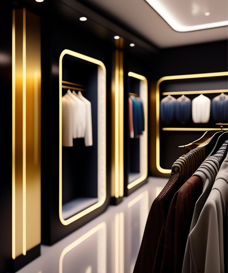 closet com luzes embutidas e roupas de luxo penduradas