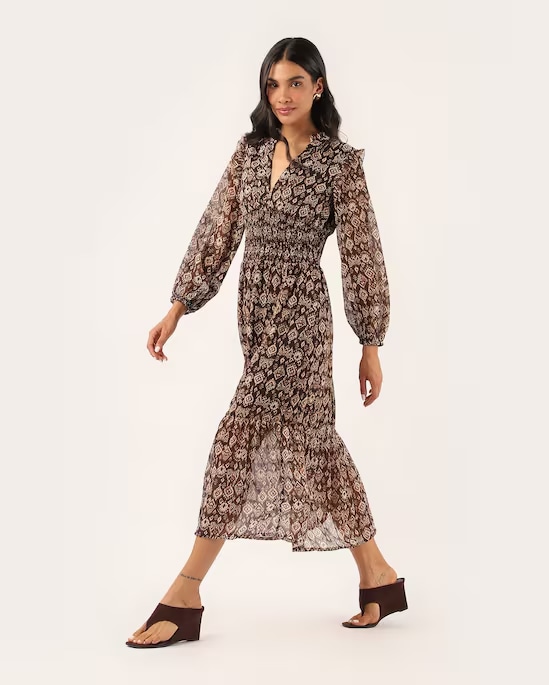 Vestido midi estampado manga longa
